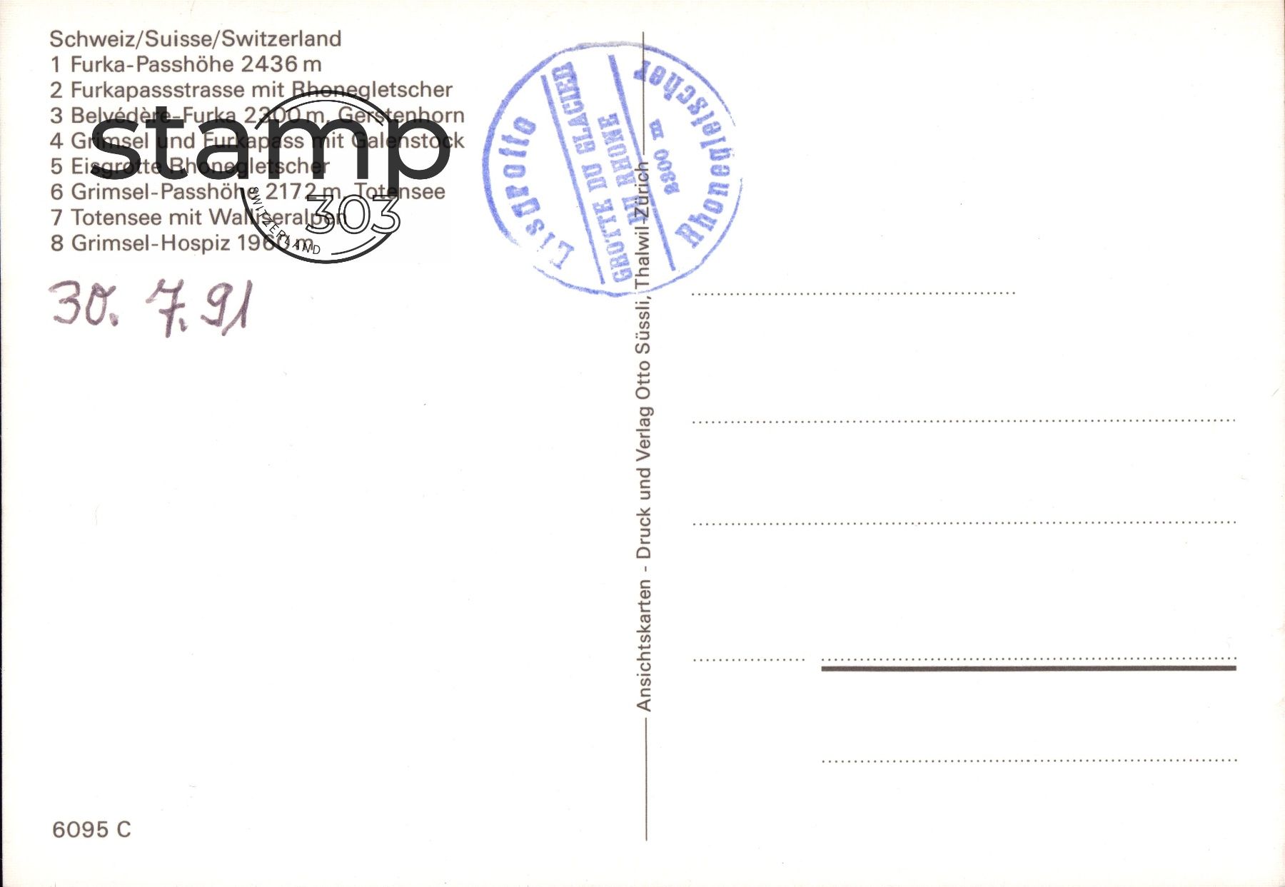 Cartoline postali: 1991 AK Furka - Grimsel – Usato da Eggersriet venduto da stamp303 1