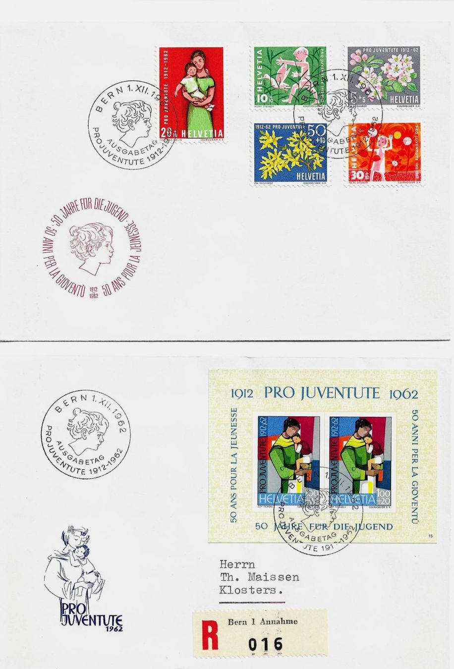 Alle Briefmarken: PRO JUVENTUTE SATZ + BLOCK BRIEF ERSTTAG 1962 – Gebraucht aus Schlossrued von Aronliam