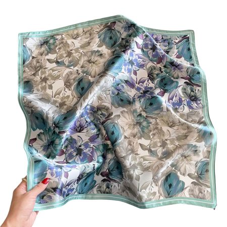New 53cm Silk Scarf Floral Teal Gray White Blue Green