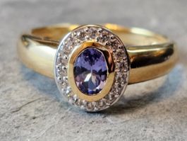 Ring 925 Silber vergoldet Tansanit Naturstein blau violett