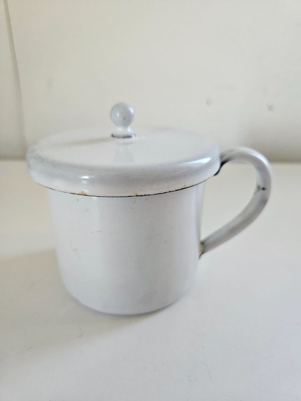 Ciotole: Emaille Spuck-Napf mit Deckel antik – Usato da Urdorf venduto da Colina