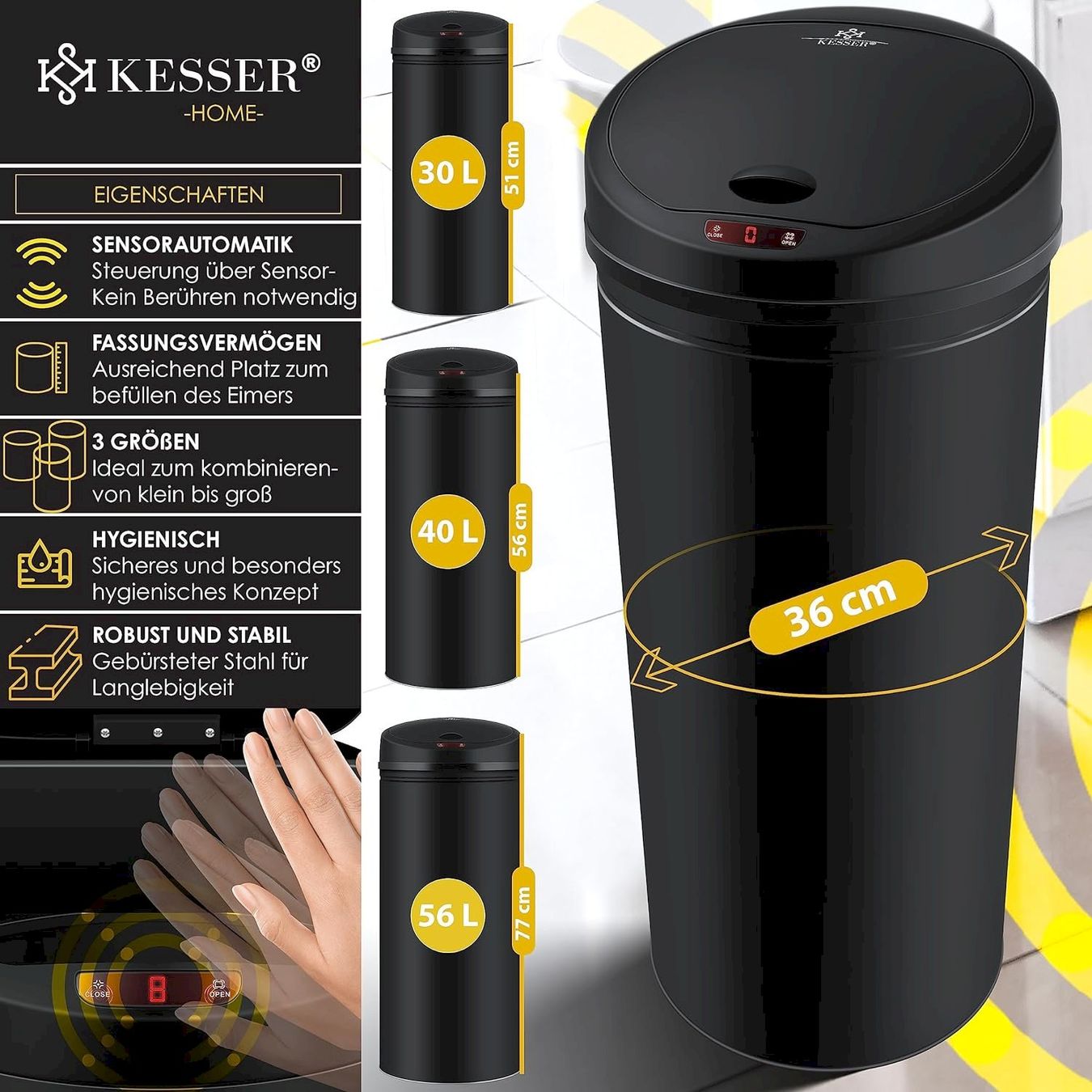 Hailo Cestini per rifiuti: Automatik Sensor Mülleimer 56L schwarz – Nuovo e nell'imballaggio originale da Bottighofen venduto da zaap 7