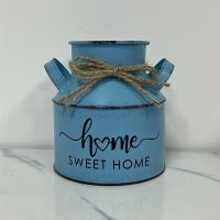 Rustikale Vintage-Metallvase mit Hanfseil hellblau (Bild 1)
