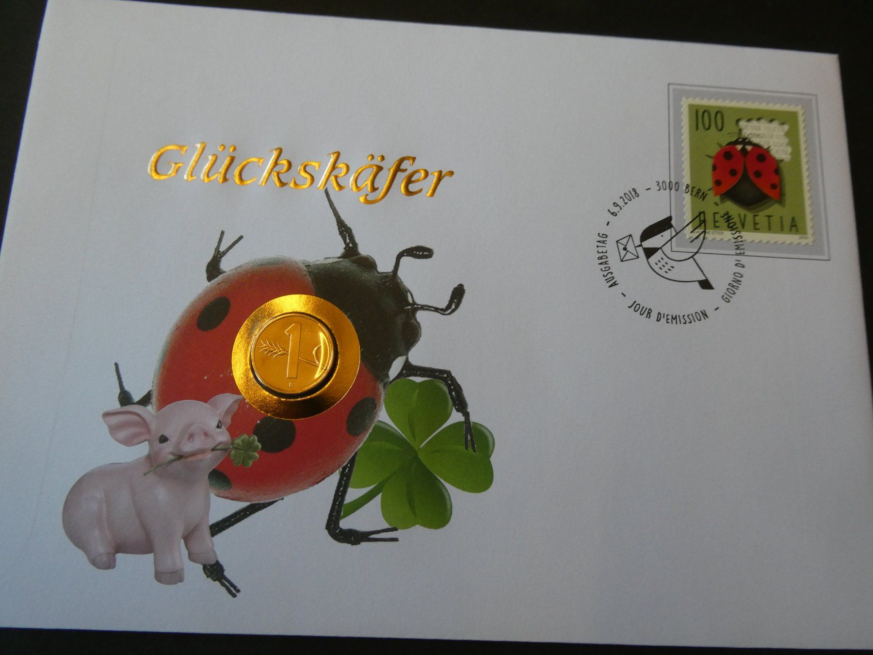 Alle Münzen: Schweiz 2018, FDC Glückskäfer mit 1 Räppler 2002 – Gebraucht aus Hinterforst von rohusri