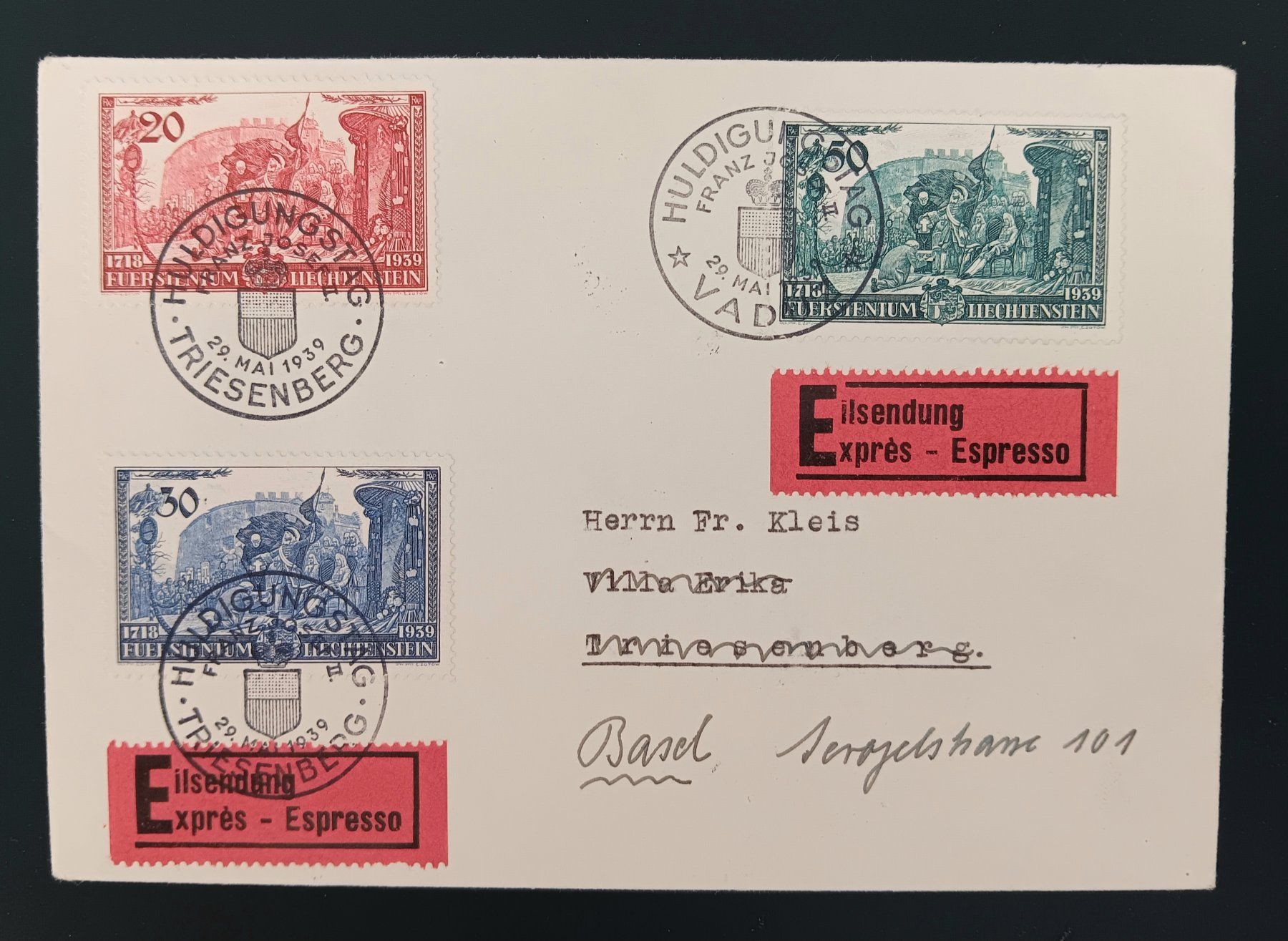 Tutti i francobolli: LIECHTENSTEIN, Express Brief nach Basel 1939 – Usato da Holderbank AG venduto da DINOS-PHILA