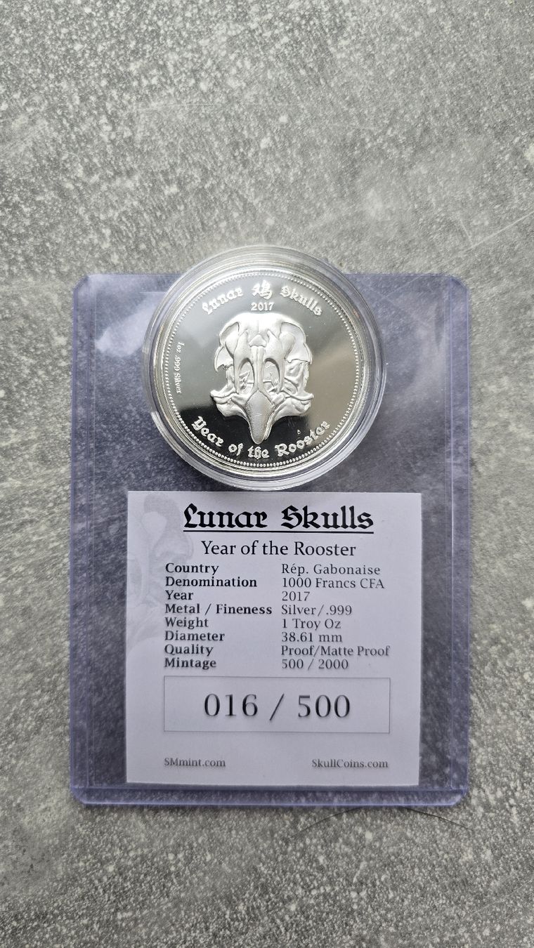 Tutti le monete: Lunar Skulls Rooster 2017 1 oz Silber Proof 016/500 – Usato da Petit-Lancy venduto da SilverCoinCoin 2