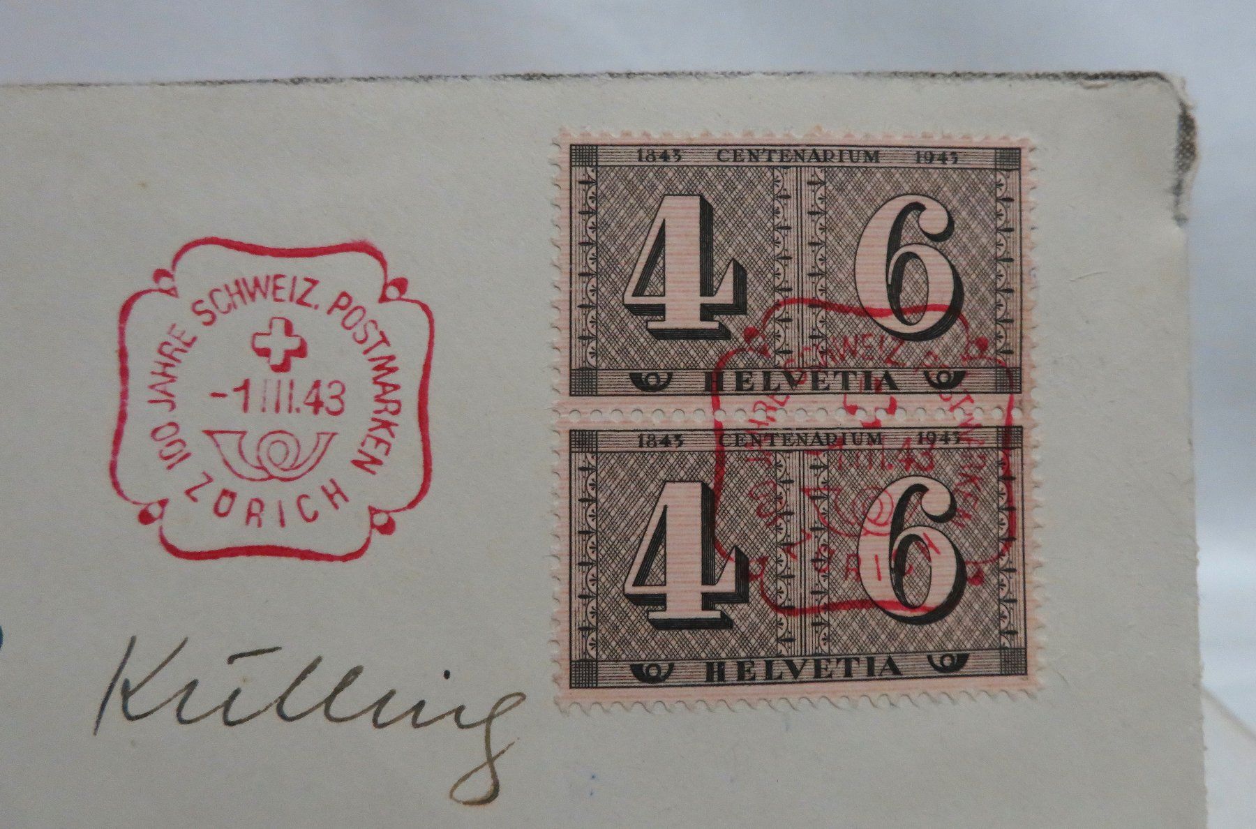 Tutti i francobolli: Jubiläums-Brief  100 Jahre  Postmarken 1943 – Usato da Tüscherz-Alfermée venduto da Newpad 1