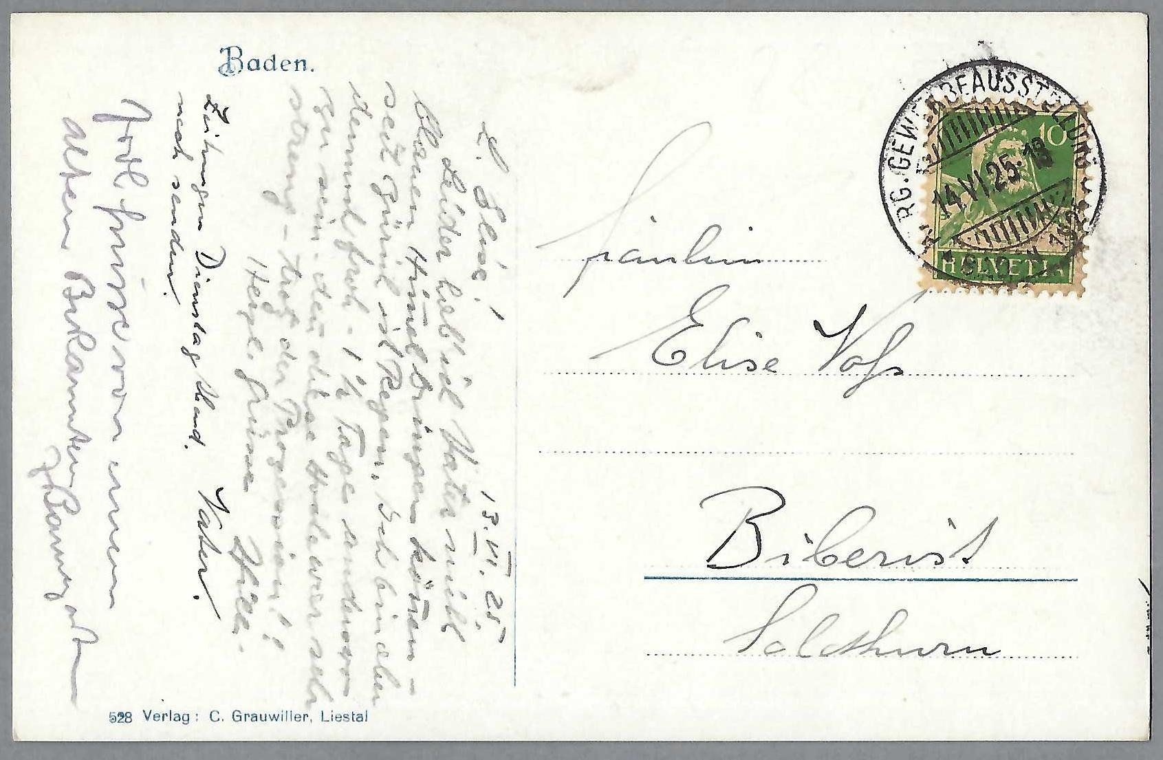 Cartoline postali: 1925, BADEN, S-0 AARG. GEWERBEAUSSTELLUNG – Usato da Pura venduto da ulisse1957 1