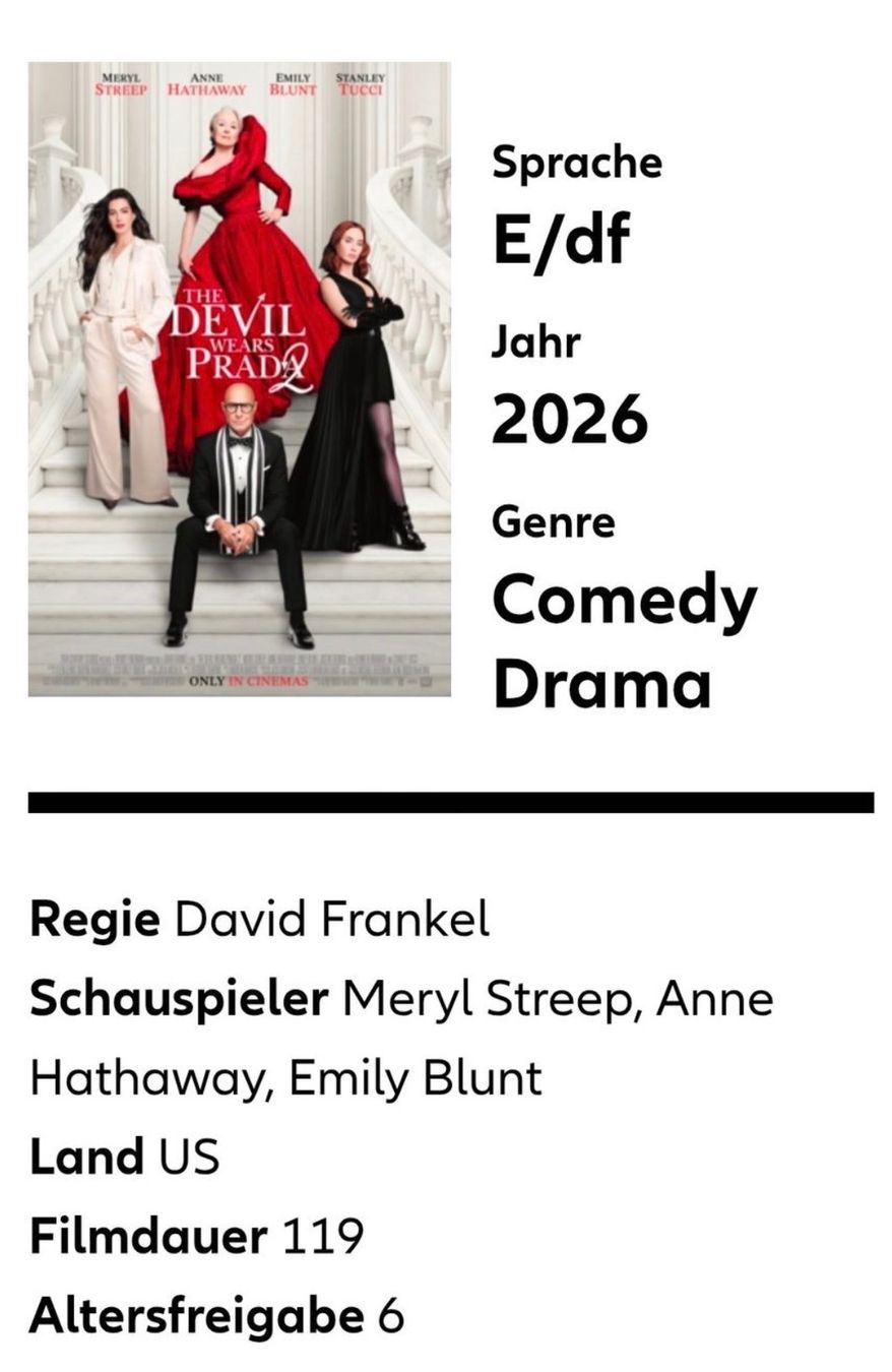 Biglietti: 2x Tickets Allianz Cinema - The Devil Wears Prada 2 – Nuovo e nell'imballaggio originale da Zürich venduto da DoblerC