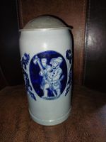 Steingut Bierkrug mit Zinndeckel, 70er Jahre