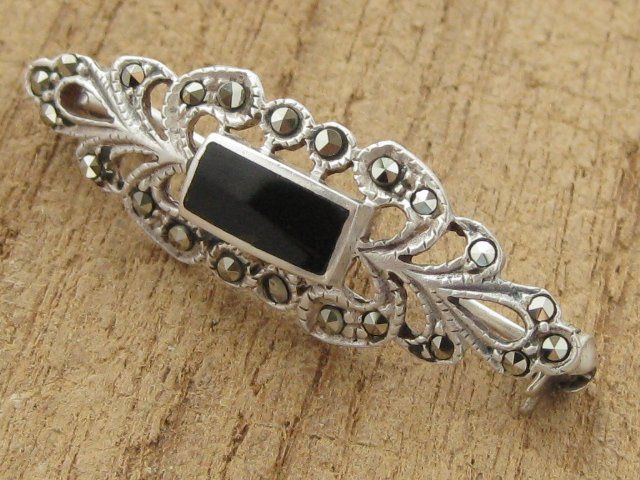 Spille & Fermagli: Vintage Brosche Silber 925 Onyx Markasiten – Usato da Ermatingen venduto da Decovin 1