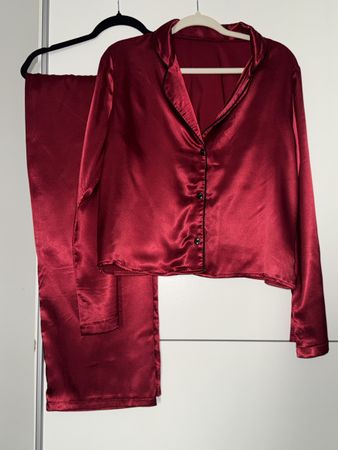 Pyjamaset Damen Satin Dunkelrot Grösse L/XL 