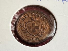 Schweiz 1 Rappen 1934 vzgl Mehrfarbenpatina