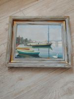 Tableau Huile s/ toile - Port lémanique, barques & cygne - 