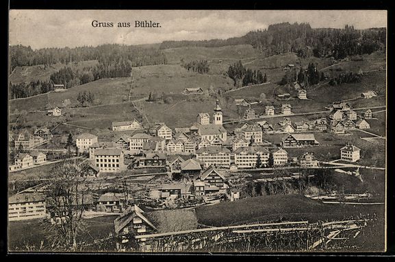 Cartoline postali: AK Bühler, Ortsansicht mit Kirche – Usato da Berlin venduto da bartko-reher