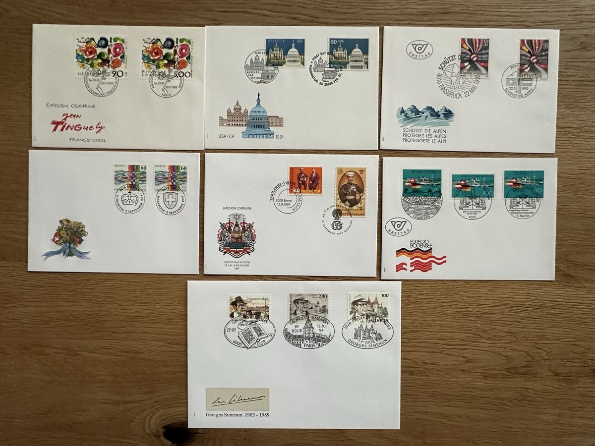 Tutti i francobolli: Schweiz - 7x FDC mit GEMEINSCHAFTSAUSGABEN – Usato da Schmitten / FR venduto da Samsara169