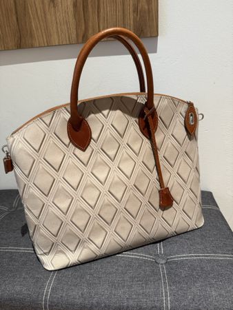 Damen Handtasche Leder beige braune Henkel guter Zustand