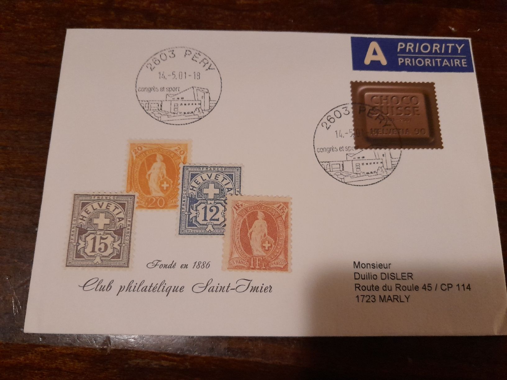 Tutti i francobolli: Lettre philatélique Saint-Imier, timbre Choco Péry 14.5.2001 – Usato da Marly venduto da globetrotter1723