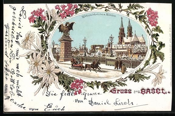 Cartoline postali: Litho Basel, Wettsteinbrücke u. Münste – Usato da Berlin venduto da bartko-reher