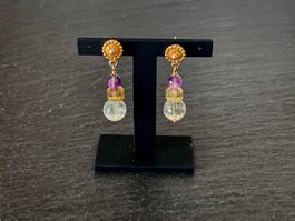 Amethyst, Citrin & Prehnit Edelstein Ohrringe Vergoldet