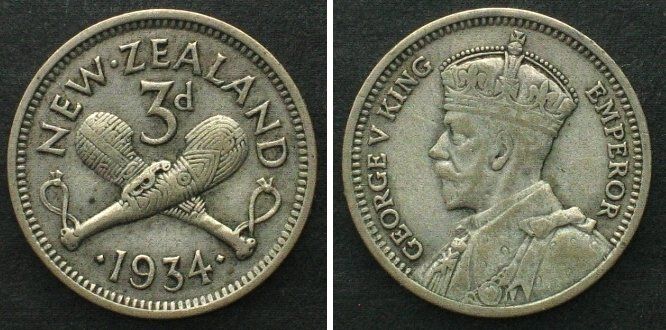 Alle Münzen: NEUSEELAND 3 Pence 1934 GEORGE V. Silber ss+ – Gebraucht aus Riehen von sesambestcoins2004