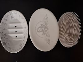 Keramik Bad-Set, 3-teilig: Seifenschale, Dose, Bürste