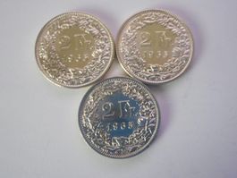 3 x 2 Fr. silber  1965  unz/stgl