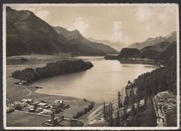 Sils . Baselgia  - Silsersee und Chastè - Blick gegen Isola