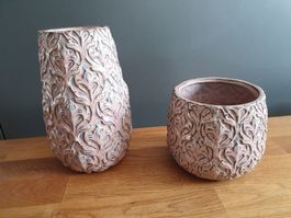 2er Set Vintage Keramik Vasen mit Pflanzenmuster, Rosa