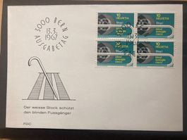 Schweiz 1967 Ersttagsbrief Cachet Marke 4er-Bl Blindenstock