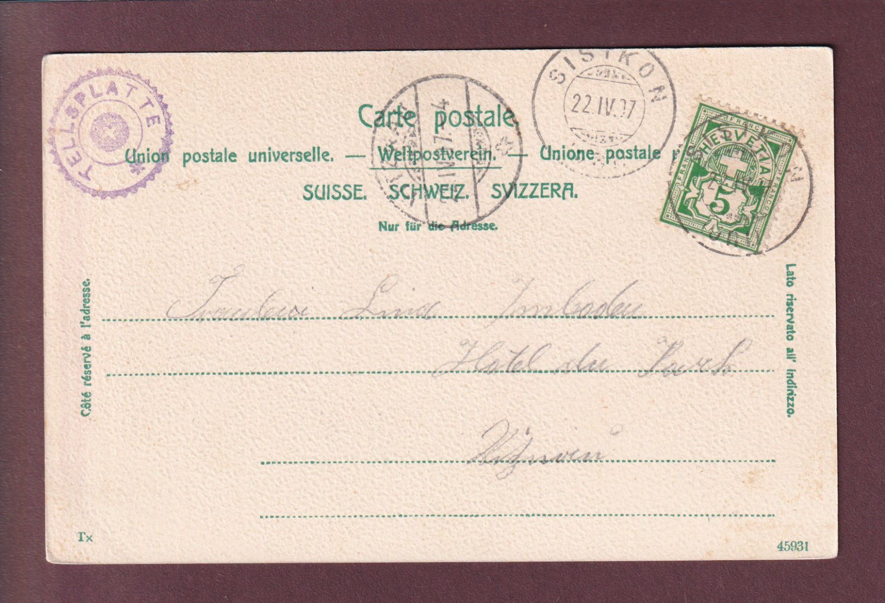 Cartoline postali: AXENSTRASSE - Bristen - 1907 – Usato da Pully venduto da nicecards 1