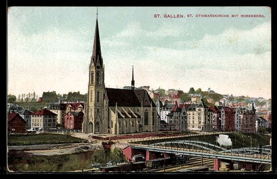 Ansichtskarten: AK St. Gallen, St. Othmarskirche mit Rosenberg & Eisenbahn – Gebraucht aus Berlin von bartko-reher