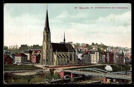 AK St. Gallen, St. Othmarskirche mit Rosenberg & Eisenbahn