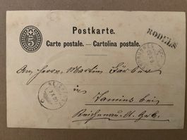 1880 Wigr. 30 5Rp. Postkarte Rodels - Tamins Balken Stab