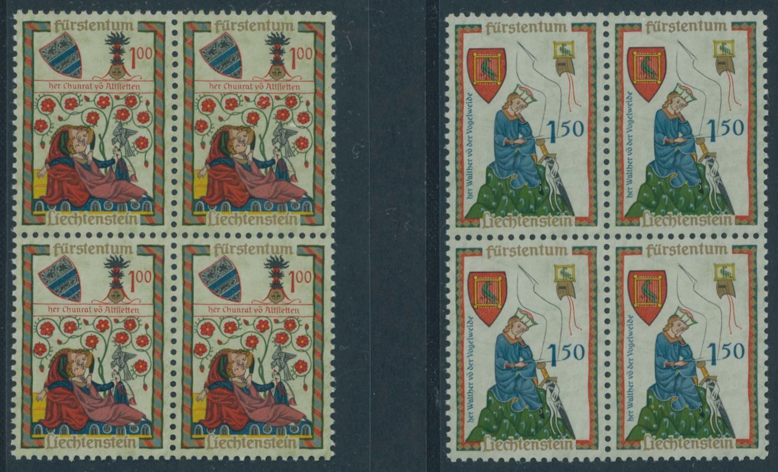 Tous les timbres: FL - 1961 - Minnesänger I - Viererblock - postfrisch ** – Neuf (Voir description) à Schindellegi par leecollect