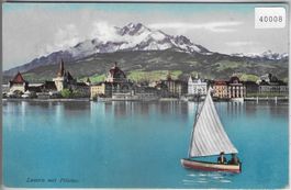 Luzern mit Pilatus - Segelboot - Litho
