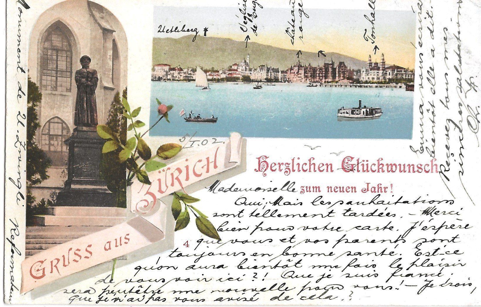 Cartoline postali: Gruss aus Zürich, Neujahr, 1902 – Usato da Frauenfeld venduto da Merk52