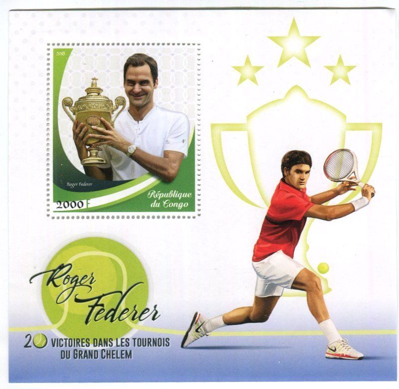 Tutti i francobolli: Block "Tennis. Roger Federer". Kongo – Nuovo e nell'imballaggio originale da Basel venduto da Butsch5