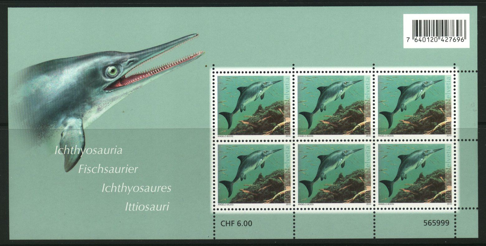 Alle Briefmarken: 2010, Sauriervorkommen in der Schweiz, Kleinbogen ** – Gebraucht aus Willisau von Vollstempel