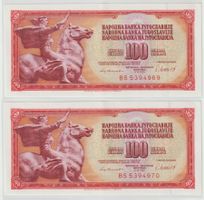 2x 100 Dinar 1981 Yugoslawien fortlaufende Banknoten UNZIRK.