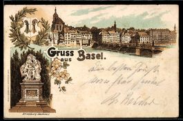 Litho Basel, Rheinufer mit Brücke und S