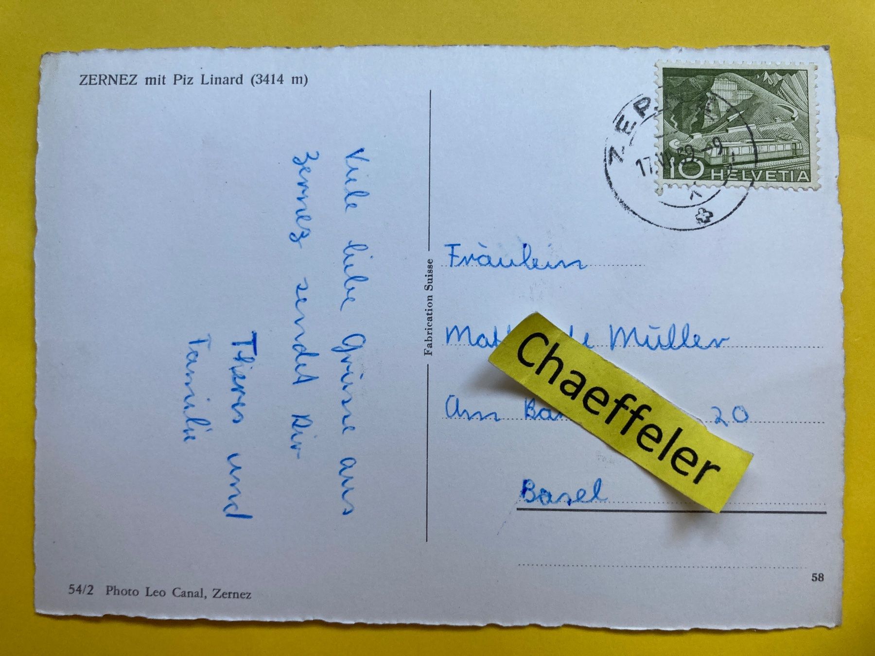 Cartoline postali: 1959 Zernez mit Piz Linard – Usato da Zürich venduto da Chaeffeler 1