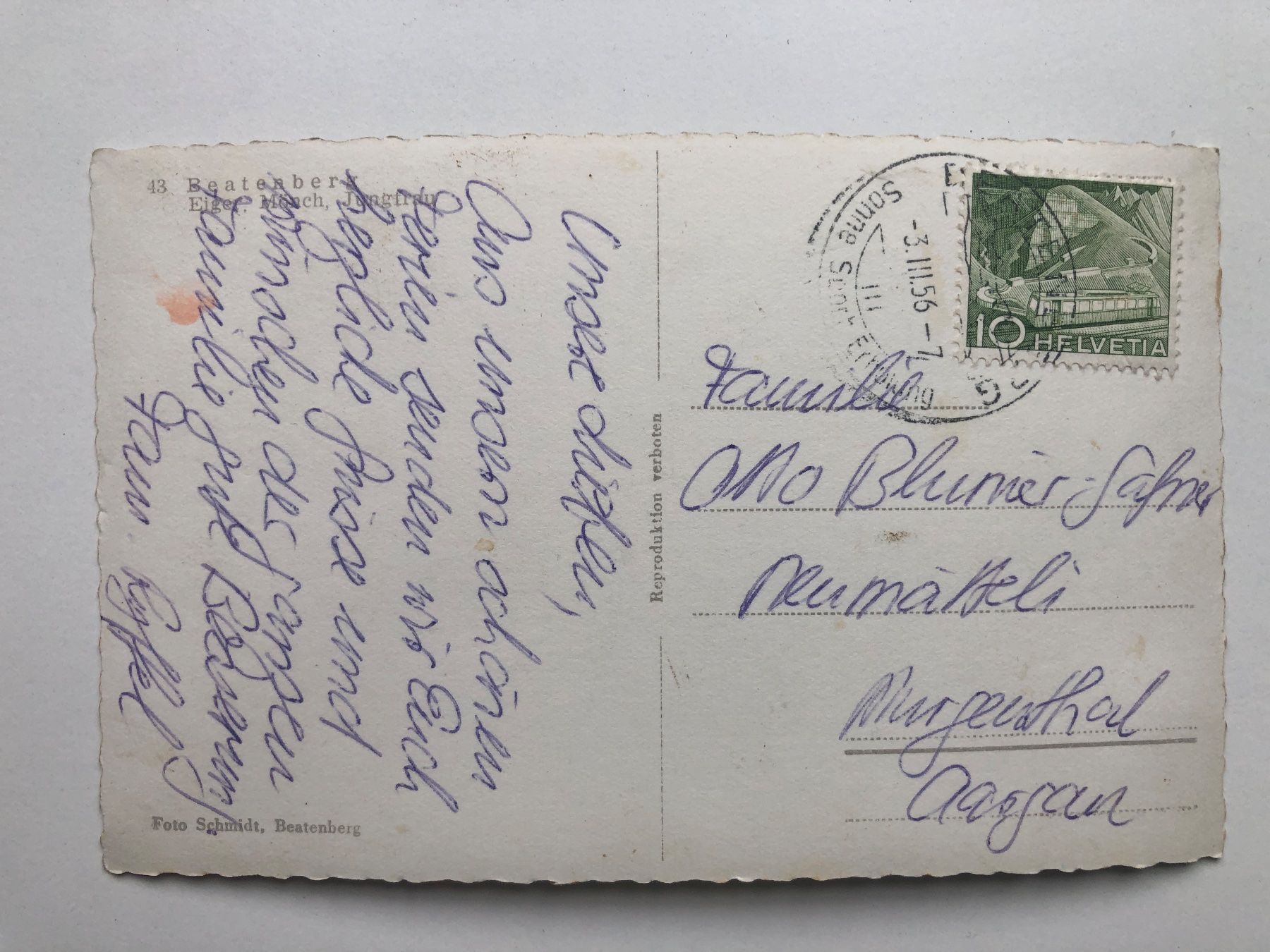 Cartoline postali: Beatenberg Eiger, Mönch, Jungfrau (~ 1956) – Usato da Neuchâtel venduto da Atahuallpa 1