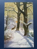 Winterliche Vintage Neujahrskarte mit Hirsch, Top Zustand
