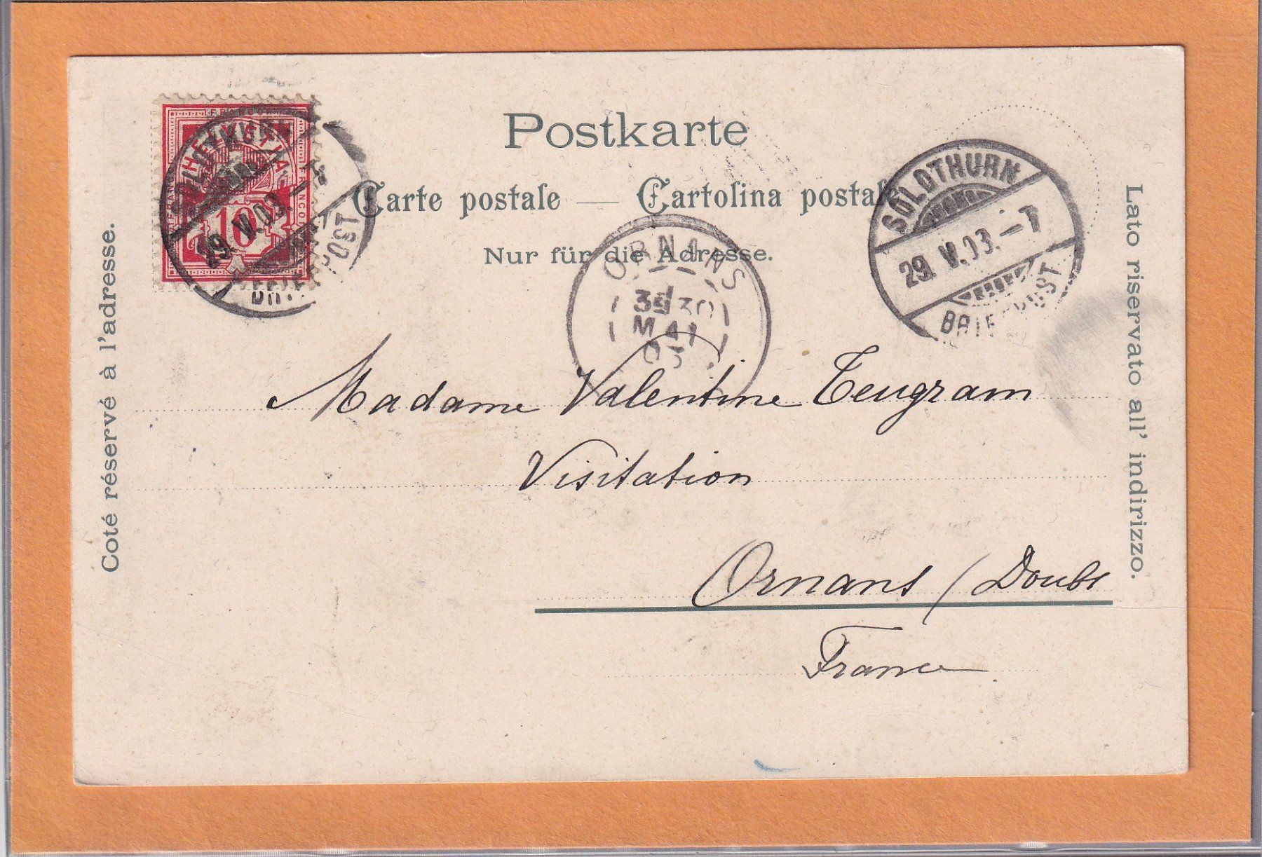 Ansichtskarten: Gruss aus Solothurn - 1903 – Gebraucht aus Orvin von Pyaeschli 1