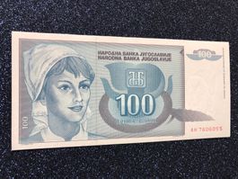 Belgrad 1992 - Jugoslawien - 100 Dinara UNC - junge Frau