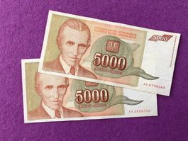Belgrad 1993 - Nikola Tesla - 2x5000 Dinara - Jugoslawien