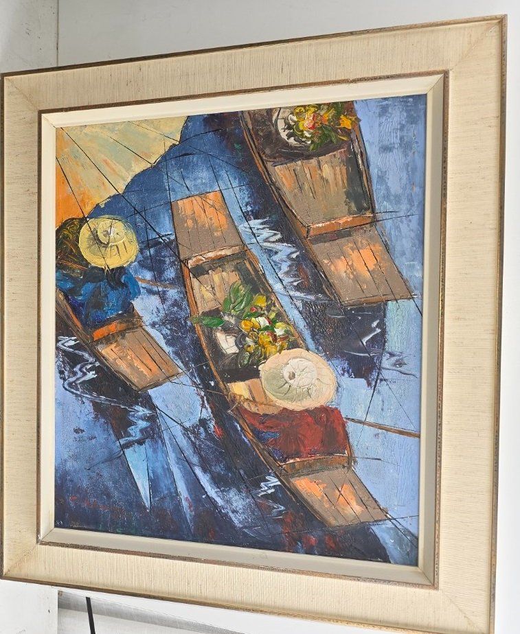 Dipinti: Ölgemälde Boote mit Blumenhändlern, signiert 1970 – Usato da Flums venduto da Flumsantik 1