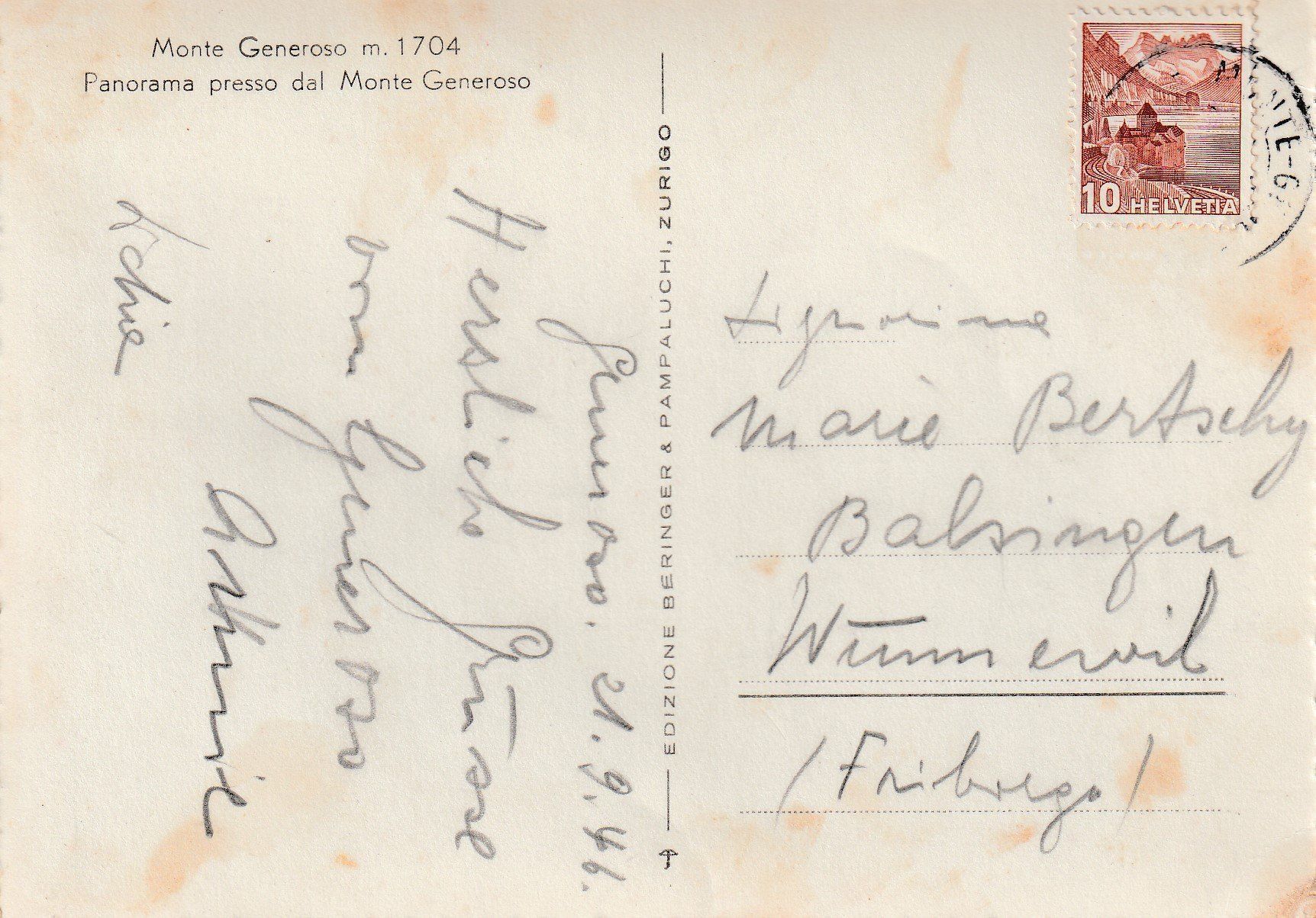 Cartoline postali: AK Monte Generoso gel. 21.9.1946 – Usato da Fribourg venduto da schnalla92 1