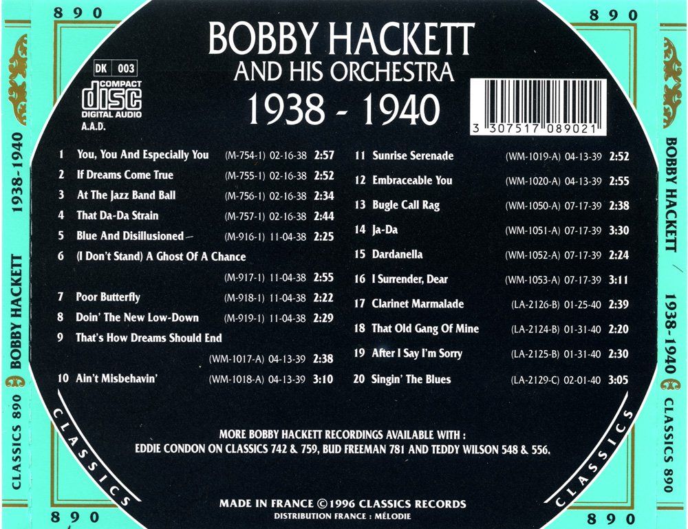 CD: Jazz-CD:  Bobby Hackett 1938 - 1940  (Classics) – Usato da Hochfelden venduto da mue_lhm9 2